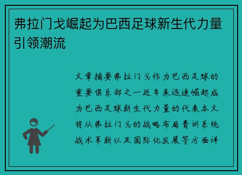 弗拉门戈崛起为巴西足球新生代力量引领潮流