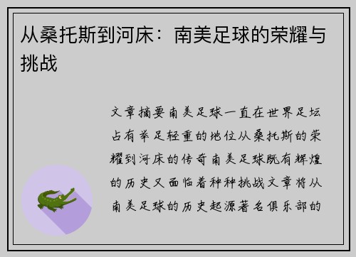 从桑托斯到河床：南美足球的荣耀与挑战
